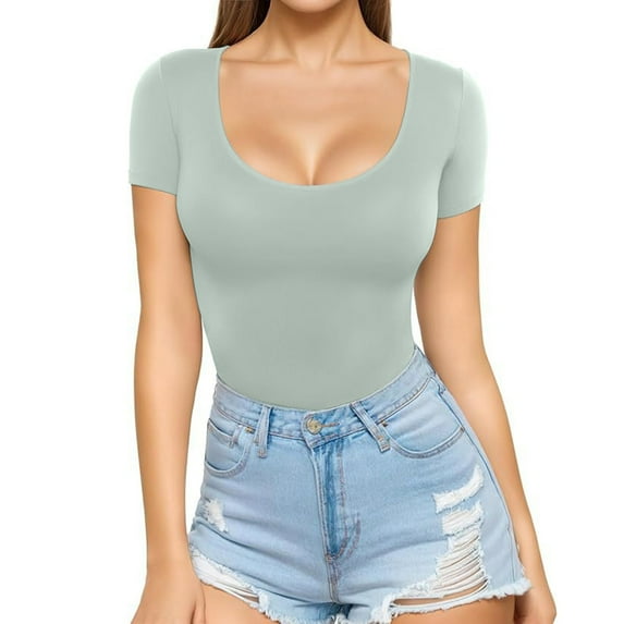 tarylea Womens Tops Short Sleeve U Neck Slim Fitted T-Shirt Casual Comfy Stretch Summer Basic Solid Color Tops