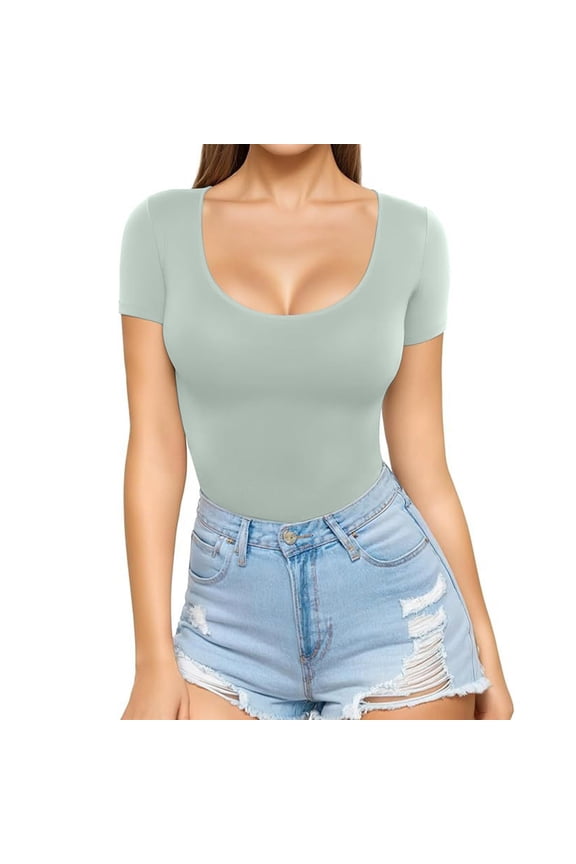 Womens Tops Short Sleeve U Neck Slim Fitted T-Shirt Casual Comfy Stretch Summer Basic Solid Color Tops