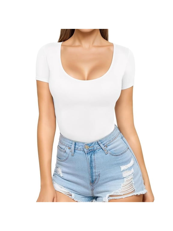 Womens Tops Short Sleeve U Neck Slim Fitted T-Shirt Casual Comfy Stretch Summer Basic Solid Color Tops