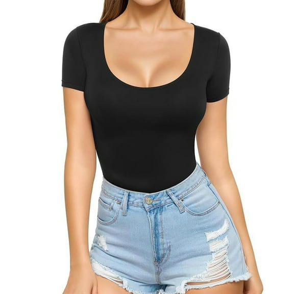 tarylea Womens Tops Short Sleeve U Neck Slim Fitted T-Shirt Casual Comfy Stretch Summer Basic Solid Color Tops