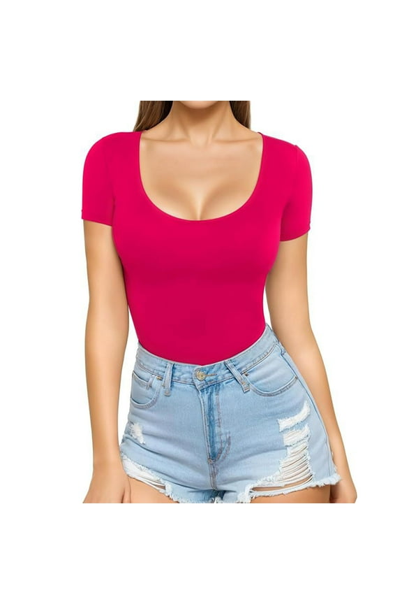 Womens Tops Short Sleeve U Neck Slim Fitted T-Shirt Casual Comfy Stretch Summer Basic Solid Color Tops