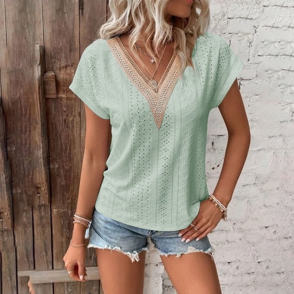 tarylea Womens Tops Short Sleeve V Neck Eyelet Blouse Casual Loose Summer Dressy Color Blocked Shirts