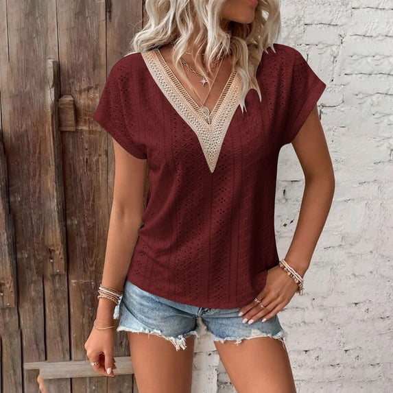 tarylea Womens Tops Short Sleeve V Neck Eyelet Blouse Casual Loose Summer Dressy Color Blocked Shirts