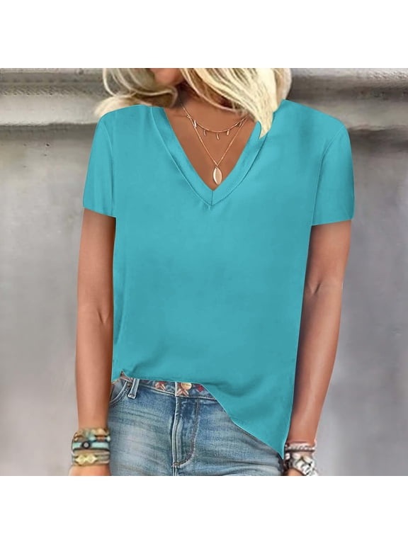 Womens Tops Short Sleeve V Neck T-Shirts Casual Loose Summer Basic Plain Color Dailywear Tops