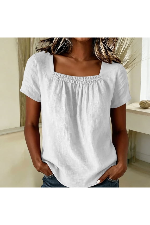 Womens Tops Summer Cotton Linen T-Shirts Short Sleeve Square Neckline Ruched Front Tops Casual Lightweight Plain Tops