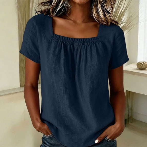 tarylea Womens Tops Summer Cotton Linen T-Shirts Short Sleeve Square Neckline Ruched Front Tops Casual Lightweight Plain Tops