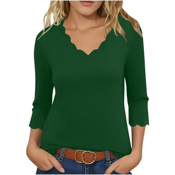 tarylea Womens Tops V Neck 3/4 Sleeve Shirts Solid Color Dressy Tops Casual Loose Trendy Summer Dailywear Tops