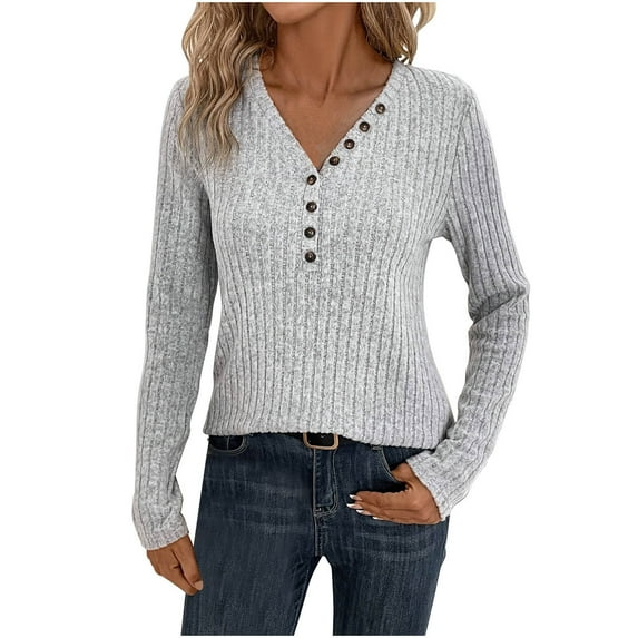 tarylea Womens Tops V Neck Half Button Ribbed Tops Long Sleeve Solid Color Tunic Casual Loose Lightweight Shirts
