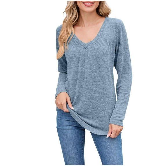 tarylea Womens Tops V Neck Long Sleeve Pullover Solid Color Loose Shirts Casual Trendy Basic Fall Dailywear Tops