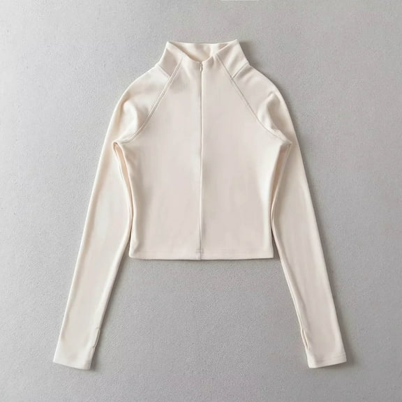 tarylea Womens Tops Velvet Long Sleeve Full Zipper Crop Tops Half High Neck Fitted Blouse Casual Comfy Fall Shirts Tops