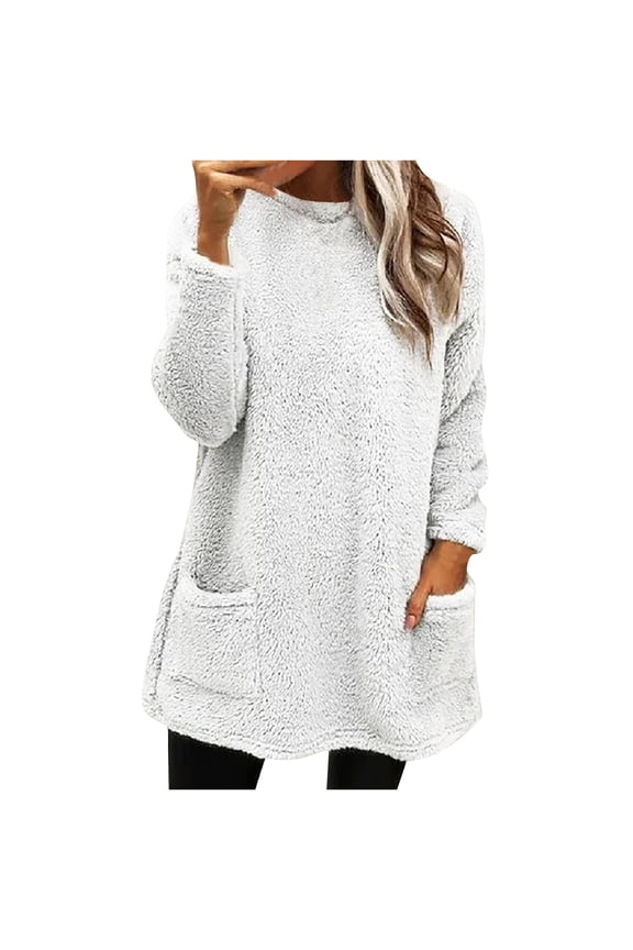 Womens Tops Winter Plush Pullover Crew Neck Long Sleeve Tunic with Pockets Solid Color Casual Loose Tops Warm Comfy Dailywear Tops
