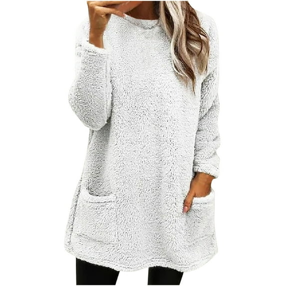 tarylea Womens Tops Winter Plush Pullover Crew Neck Long Sleeve Tunic with Pockets Solid Color Casual Loose Tops Warm Comfy Dailywear Tops