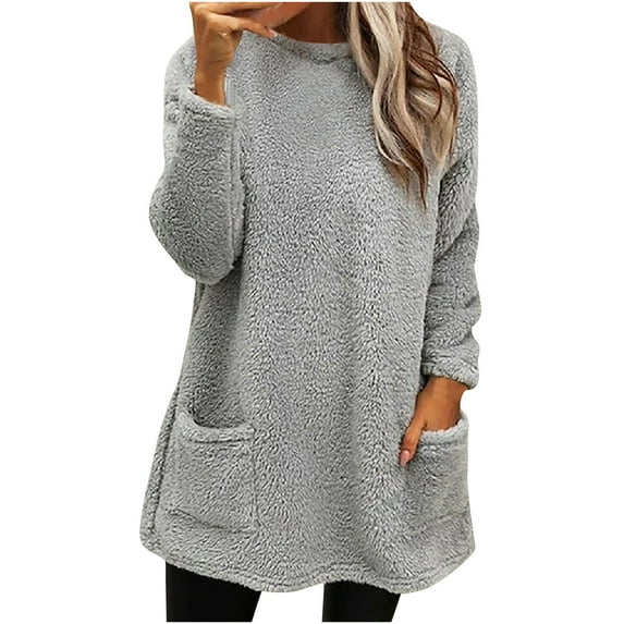 tarylea Womens Tops Winter Plush Pullover Crew Neck Long Sleeve Tunic with Pockets Solid Color Casual Loose Tops Warm Comfy Dailywear Tops