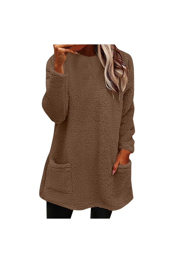 Womens Tops Winter Plush Pullover Crew Neck Long Sleeve Tunic with Pockets Solid Color Casual Loose Tops Warm Comfy Dailywear Tops