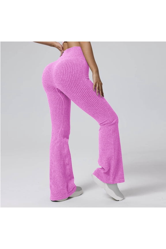 Workout Pants for Women Slim Fitted Ribbed Knitted Leggings High Rise Solid Color Flare Trousers Casual Trendy Comfy Stretch Pants