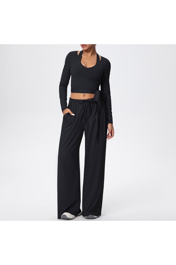 Workout Sets for Women 3 Piece Outfits Long Sleeve Tie Side Deep V Neck Crop Tops Drawstring Straight Leg Pants Casual Summer Athletic Set