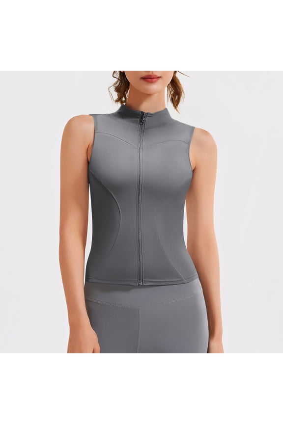 Workout Tank Tops for Women Sleeveless Full Zipper Standing Collar Fitted Crop Tops Casual Comfy Athletic Tops