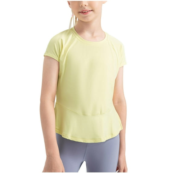 tarylea Workout Tops for Toddler Baby Girls Split Ruffled Hem Short Sleeve Tops Solid Color Fitted Shirts Quick Dry Lightweight Casual Athletic Tops for 4-12 Years