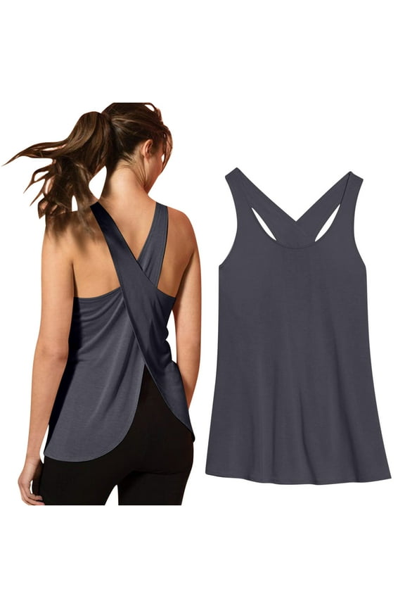 Workout Tops for Women Cisscross Open Back Sleeveless Athletic Shirts Crewneck Yoga Gym Clothes Loose Fitted