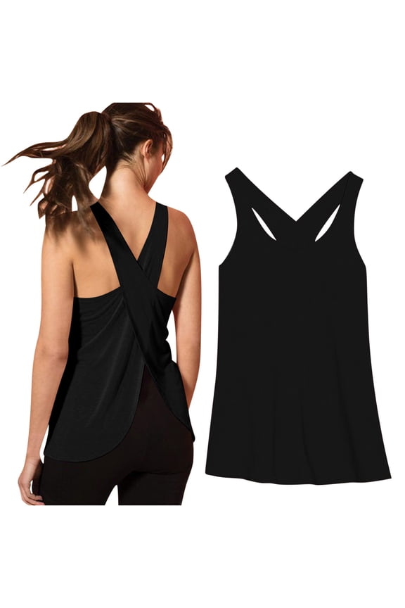 Workout Tops for Women Cisscross Open Back Sleeveless Athletic Shirts Crewneck Yoga Gym Clothes Loose Fitted