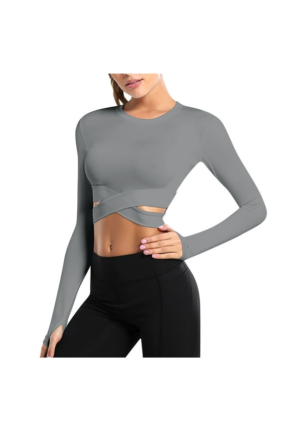 Workout Tops for Women Crew Neck Cross Front Crop Tops Slim Fitted Long Sleeve Solid Color Tops Casual Stretch Athletic Shirts