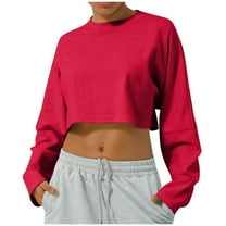 tarylea Workout Tops for Women Crew Neck Long Sleeve Crop Tops Solid Color Loose Pullover Casual Sports Athletic Tops