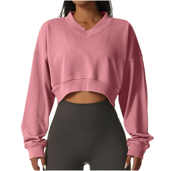 tarylea Workout Tops for Women Fleece Lined V Neck Crop Tops Solid Color Long Sleeve Sweatshirt Casual Loose Athletic Pullover