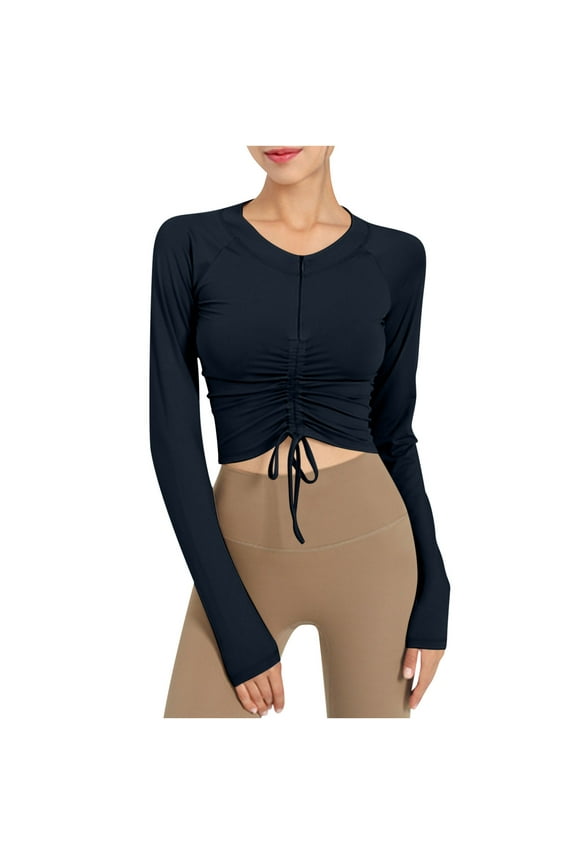 Workout Tops for Women Half Zipper Drawstring Tops Slim Fitted Solid Color Long Sleeve Crop Tops Casual Lightweight Sunproof Athletic Tops