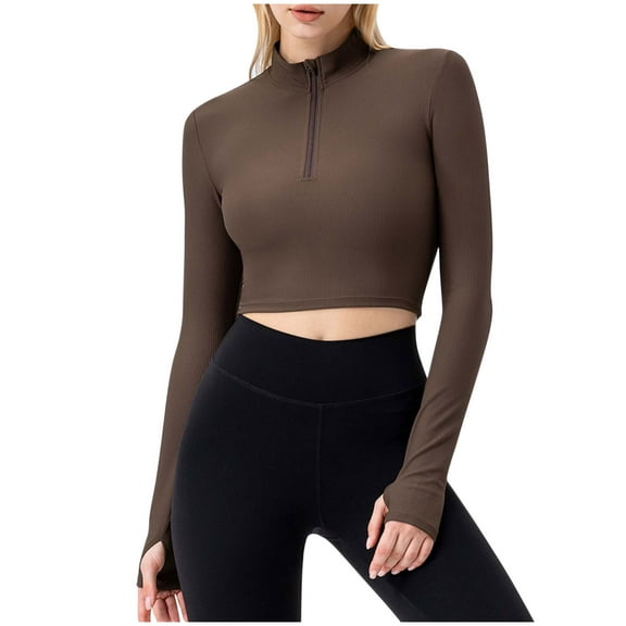 tarylea Workout Tops for Women Half Zipper Turtleneck Crop Tops Long Sleeve Solid Color Tops with Thumb Holes Slim Fitted Casual Yoga Tops
