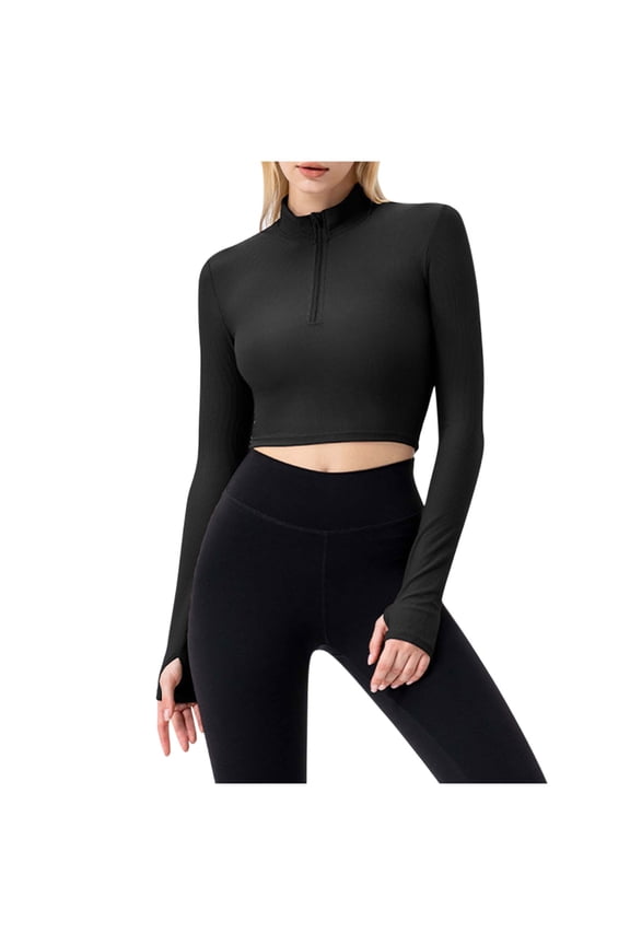 Workout Tops for Women Half Zipper Turtleneck Crop Tops Long Sleeve Solid Color Tops with Thumb Holes Slim Fitted Casual Yoga Tops