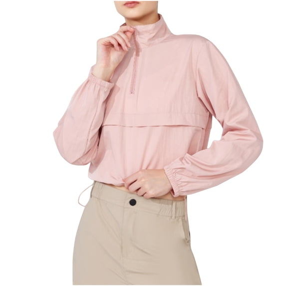 tarylea Workout Tops for Women High Neck Half Zipper Crop Tops Drawstring Hem Elastic Cuff Tops Solid Color Casual Sunproof Lightweight Gym Tops