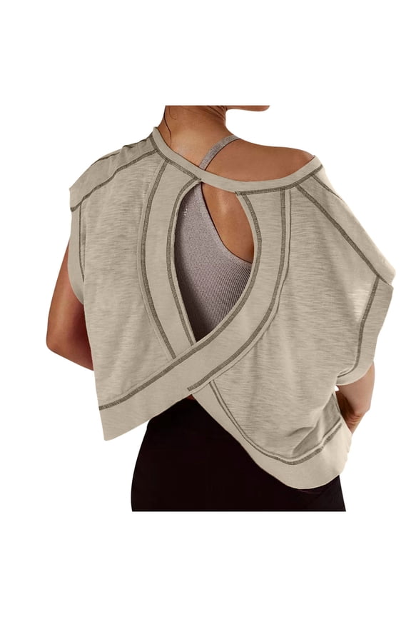 Workout Tops for Women Scoop Neck Open Back Crop Tops Solid Color Loose Shirts Casual Summer Yoga Running Tops