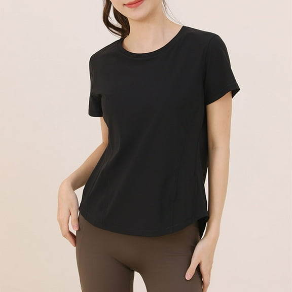 tarylea Workout Tops for Women Short Sleeve Crew Neck Curved Hem Crop Top Casual Loose Summer Yoga Running Tops