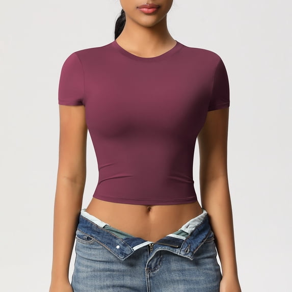 tarylea Workout Tops for Women Short Sleeve Slim Fitted Crop Top Casual Stretch Yoga Gym Running Solid Color Dailywear Tops