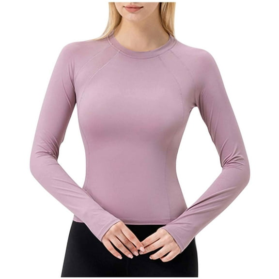 tarylea Workout Tops for Women Slim Fitted Yoga Tops Crew Neck Long Sleeve Tops with Thumb Holes Solid Color Casual Athletic Tops