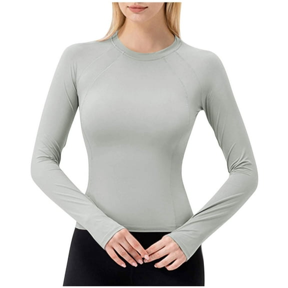 tarylea Workout Tops for Women Slim Fitted Yoga Tops Crew Neck Long Sleeve Tops with Thumb Holes Solid Color Casual Athletic Tops