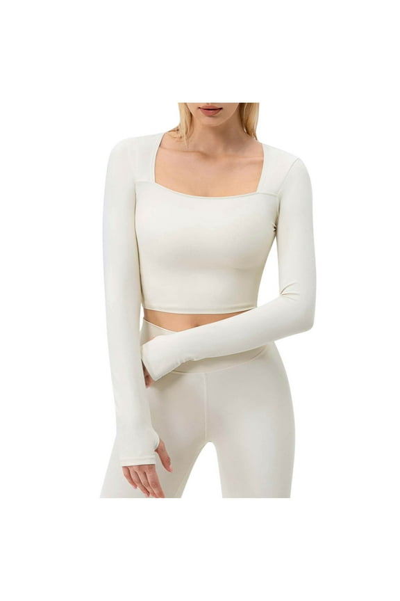 Workout Tops for Women Square Neck Long Sleeve Crop Top Solid Color Slim Fitted Tops Casual Yoga Gym Tops