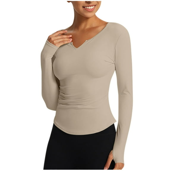 tarylea Workout Tops for Women V Neck Long Sleeve Crop Tops with Thumb Holes Slim Fitted Solid Color Shirts Casual Sunproof Tops