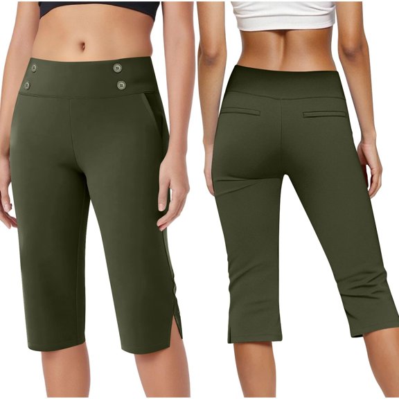 tarylea Yoga Capri Pants for Women Cross Front Button Waist Pants Solid Color Slit Hem Trousers with Pockets Casual Trendy Workout Dailywear Pants