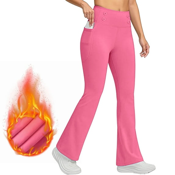 tarylea Yoga Leggings for Women Fleece Lined High Rise Flare Pants Solid Color Slim Fitted Button Trousers Casual Warm Winter Workout Pants