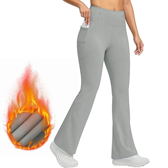 tarylea Yoga Leggings for Women Fleece Lined High Rise Flare Pants Solid Color Slim Fitted Button Trousers Casual Warm Winter Workout Pants