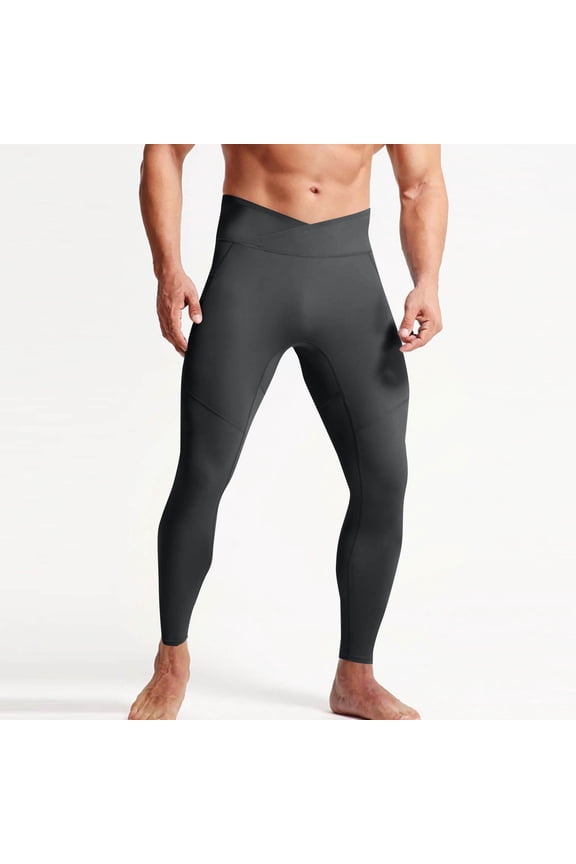 Yoga Pants for Men Slim Fitted High Stretch Leggings Solid Color Cross Front Bottoms with Pockets Casual Comfy Workout Pants