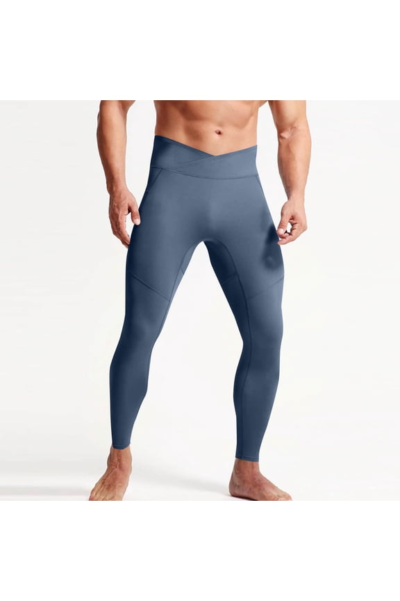Yoga Pants for Men Slim Fitted High Stretch Leggings Solid Color Cross Front Bottoms with Pockets Casual Comfy Workout Pants