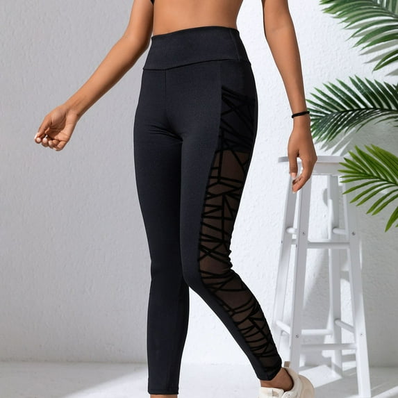 tarylea Yoga Pants for Women High Rise Mesh Blocked Leggings Solid Color Stretch See-Through Pants With Pockets Casual Fitted Workout Pants