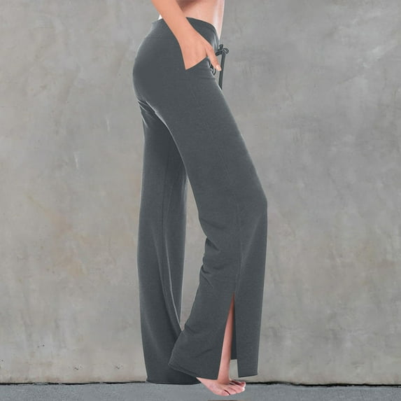 tarylea Yoga Pants for Women Wide Leg Drawstring Trousers Slit Hem Solid Color Pants Casual Loose Stretch Comfy Workout Pants