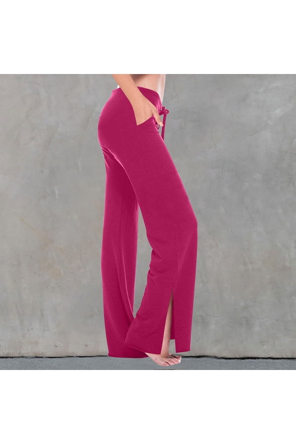 Yoga Pants for Women Wide Leg Drawstring Trousers Slit Hem Solid Color Pants Casual Loose Stretch Comfy Workout Pants