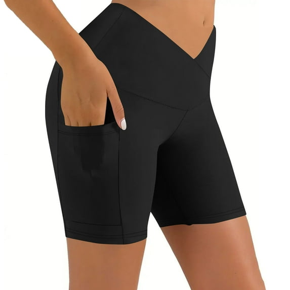 tarylea Yoga Shorts for Women Cross Front Slim Fitted Leggings Solid Color High Stretch Shorts with Pockets Casual Comfy Workout Gym Shorts