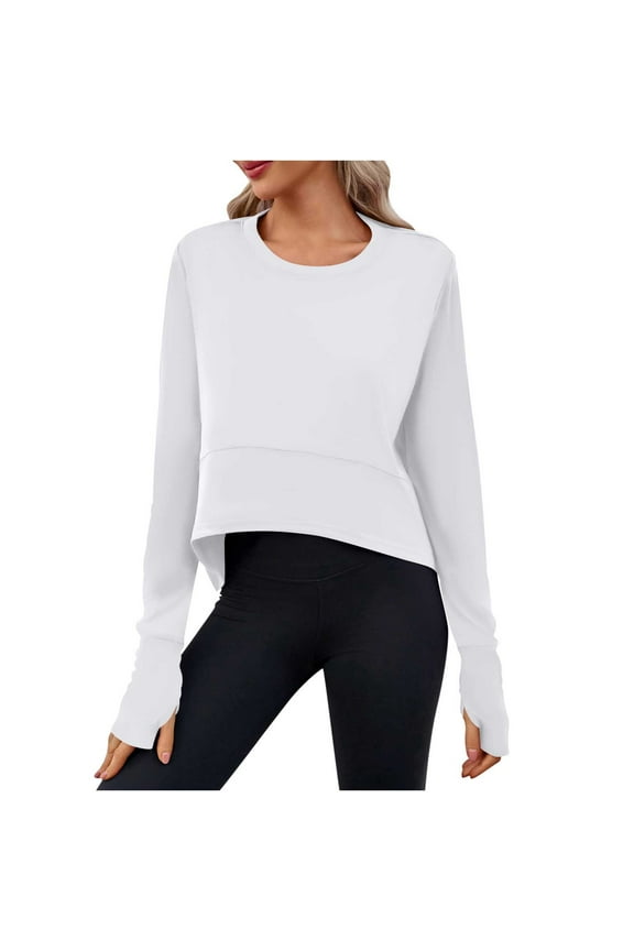 Yoga Tops for Women Athletic Long Sleeve Shirts with Thumb Hole Crew Neck Curved Hem Tops Sports Gym Shirts