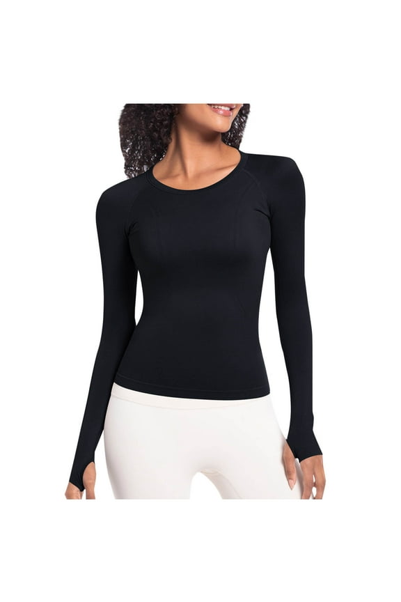 Yoga Tops for Women Crew Neck Tops Slim Fitted Tops Long Sleeve Shirts Solid Color Athletic Sports Tops