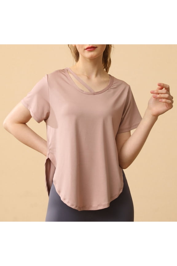 Yoga Tops for Women Short Sleeve Round Neck Curved Hem Crop Tops Casual Loose Summer Workout Solid Color Tops